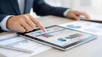 analys företag läsplatta Rapportera finansiera data Graf Diagram möte kontor social försäljning index guider fokuserade analys av finansiera data trender med video