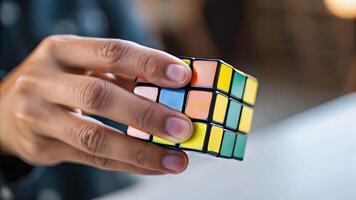 kub pussel i hand färgrik logik leksak under mjuk ljus fokuserade finger vänder plast kub lugna uppmärksam spela hjärna Träning vibrerande koncentration video