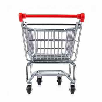 Small empty shopping cart with red handle, back view straight on, isolated on white background. photo