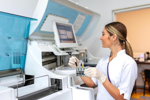 Lab tech loading samples into a chemistry analyzer. female lab tech loading specimen for coagulation test analysis. photo