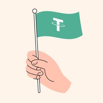 Cartoon Hand Holding Green Tether Flag Representing Cryptocurrency and Blockchain Support, USDT Token Symbol vector