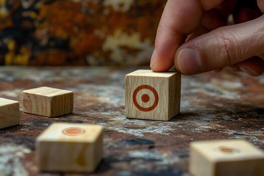 Hand Placing Wooden Block with Target Icon on Rustic Surface for Game Concept photo