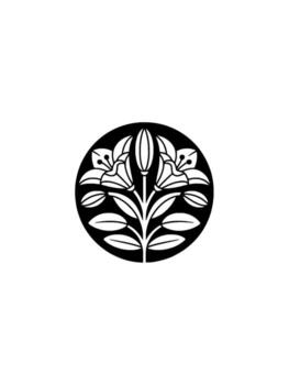 Stylized illustration of a pair of lily flowers and buds within a circular frame showcasing an elegant botanical on a plain background vector