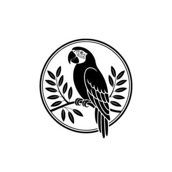 Elegant silhouette of a sophisticated macaw parrot perched on a branch within a circular frame adorned with leafy sprigs on a clean background vector