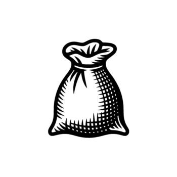 A stylized line art illustration of a drawstring money bag with a classic hatched texture presented on a plain background vector