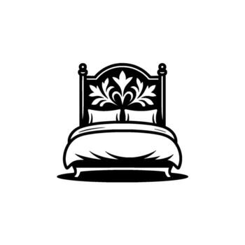 Elegant ornate silhouette of a double bed with a decorative scrolled headboard featuring leaf motifs and two plush pillows on a clean background vector