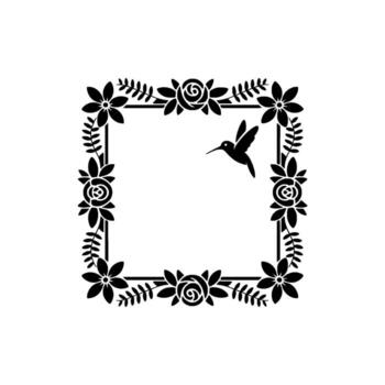Elegant silhouette of a square floral border with roses and foliage featuring a small hummingbird in flight within the frame on a simple background vector
