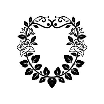 Elegant illustration of a circular floral frame adorned with stylized roses and detailed leaves creating an ornate border on a plain background vector