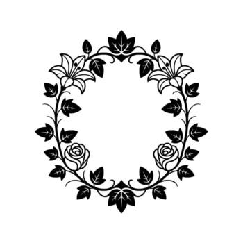 Elegant silhouette circular floral frame featuring stylized lilies and roses intertwined with leaves on a plain background creating a decorative border vector