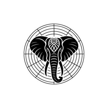 A bold and stylized linework illustration of an elephant head centered within a circular geometric abstract pattern against a clean background vector