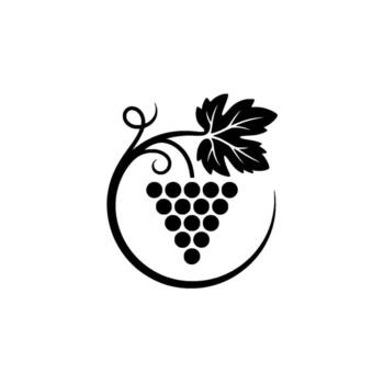 A minimalist silhouette featuring a cluster of ripe grapes hanging from a vine with a stylized leaf and a circular flourish on a clean off background vector