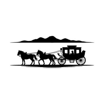 silhouette of a historic horse drawn carriage with two horses pulling it across a plain with a mountain range in the background vector