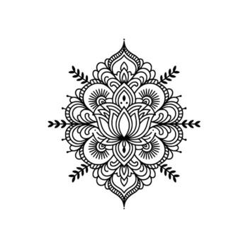 Intricate line art mandala featuring a detailed lotus flower in the center surrounded by symmetrical floral and leafy ornamental patterns on a plain background vector