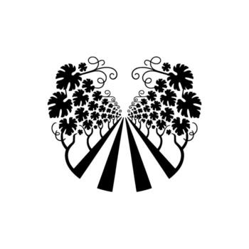 A stylized abstract illustration depicting a symmetrical perspective of a vineyard pathway flanked by grapevines with large stylized leaves and tendrils on a clean background vector