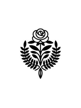 Stylized line art emblem of a blooming rose with symmetrical laurel leaf branches and an oval leaf accent on a clean minimalist light gray background vector