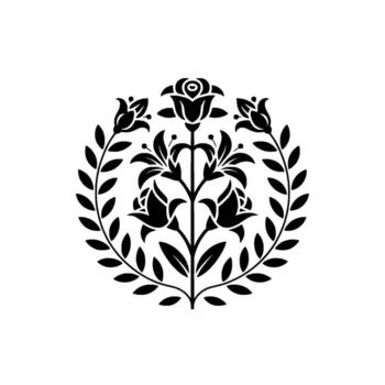 Stylized floral emblem featuring roses and lilies enclosed by a laurel wreath against a plain background creating an elegant and symmetrical element vector