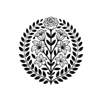 Intricate linework illustration of a central rose bloom flanked by lily flowers and encased within a symmetrical laurel wreath on a clean background vector