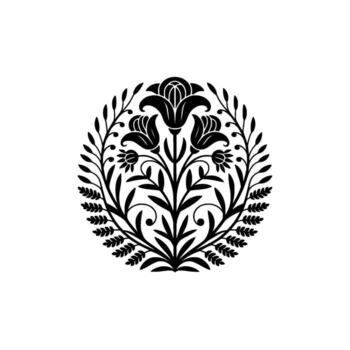 A circular silhouette illustration of stylized lily flowers and delicate leafy branches arranged in a symmetrical botanical motif against a clean background vector
