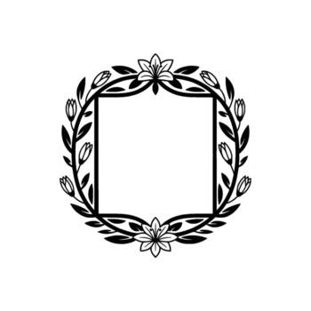 Elegant silhouette floral frame with lily flowers and leaves forming a circular border around a central square empty space on a light gray background vector