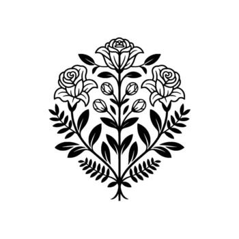 A symmetrical illustration of three stylized roses and their buds with decorative leaves and stems creating an ornate floral emblem on a plain background vector