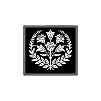 Elegant floral crest featuring blooming roses and laurel branches arranged symmetrically within a square frame on a light gray background vector
