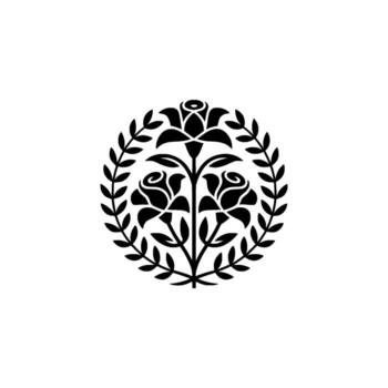 A striking minimalist featuring a symmetrical circular arrangement of three stylized roses enclosed within a delicate laurel wreath border on a plain light gray background vector