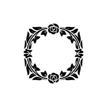 A silhouette decorative circular floral frame with elegant rose motifs and swirling leaf elements on a neutral light grey gradient background vector