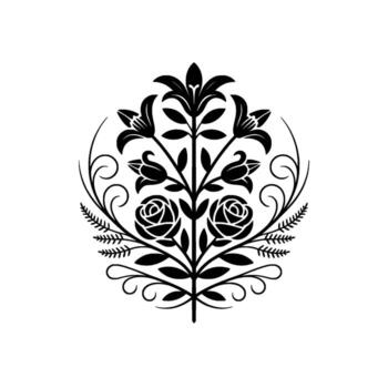 A symmetrical silhouette of a stylized floral emblem featuring roses lilies and swirling decorative elements within a circular frame on a pure background vector