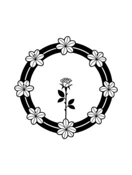 Elegant illustration of a stylized rose with delicate petals and stem centrally positioned within a circular frame adorned with evenly spaced floral motifs vector