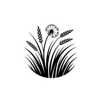 A minimalist silhouette depicting a cluster of stylized wheat stalks and a dandelion seed head emerging from flowing blades of grass against a clean background vector