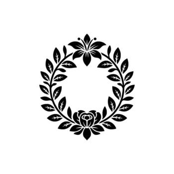 A stylized floral wreath featuring a blooming rose at the bottom and a lily at the top surrounded by numerous leaves on a simple background vector