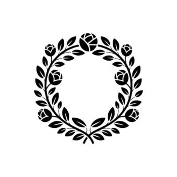 Elegant silhouette of a circular floral wreath featuring stylized rose buds and symmetrical leaves on a plain background representing nature and simplicity vector