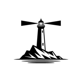 A striking illustration of a tall lighthouse with a beam of light emanating from its top standing atop a rocky outcrop in calm water against a simple light gray background vector