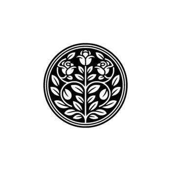 A striking circular emblem featuring a stylized floral with elegant roses and branching leaves symmetrically arranged within a decorative double border isolated on a clean light gray background vector
