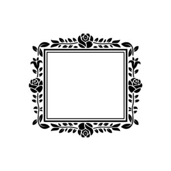 A silhouette of a rectangular ornate frame adorned with stylized roses and swirling leaves perfect for elegant invitations or decorative borders on a neutral background vector
