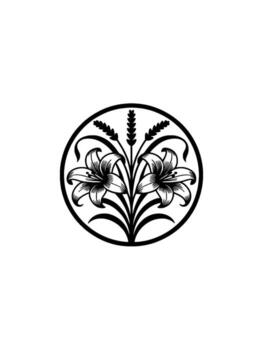 Elegant illustration of two stylized lilies with wheat stalks centered within a circular frame on a subtle textured background vector