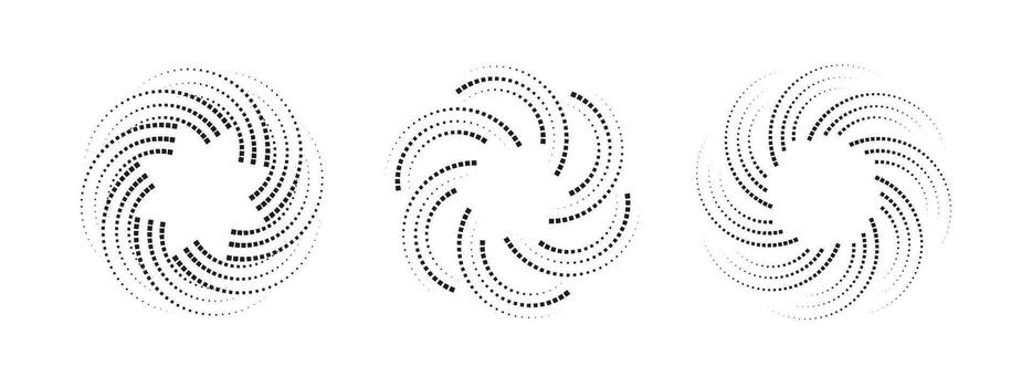 Collection of abstract dotted sound wave frames in black. Circular audio spectrum design with smooth oscillations. Minimalist template for music posters and digital artwork. vector