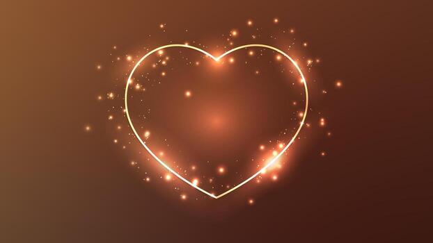 Neon brown frame in heart form with shining effects and sparkles vector