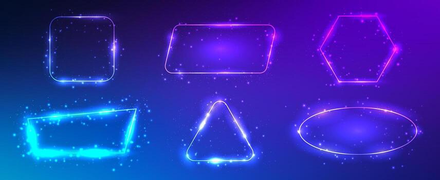 Set of six neon frames with shining effects and sparkles vector