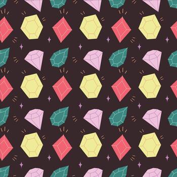 Seamless Colorful Gemstone Pattern with Hand Drawn Crystals on Dark Background vector