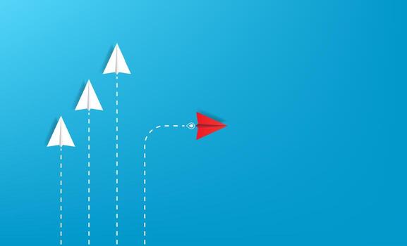 Red paper plane out of line with white papers to change a new way, new idea and innovation concept, courage to stand out and unique vector