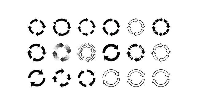 Variety of Circular Arrow Icons for Recycling, Rotation and Flow Concepts A Set of Black and White Illustrations vector