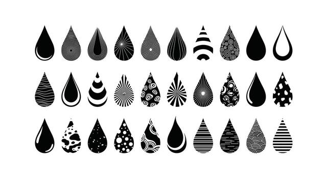 Collection of Varied Water Drop Icons in Black and White, featuring unique patterns, shapes, and styles for design and graphical use vector