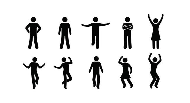 Stick Figure Pictogram Set Diverse Poses and Actions for Infographics, Presentations, and Design Projects Featuring Men and Women in Simple Illustration Style vector