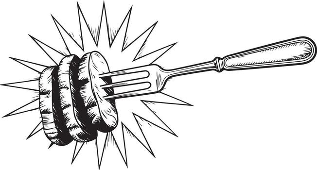 gráfico ilustración de tenedor perforación salchichas con radial Estallar efecto vector