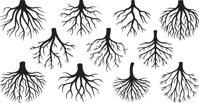 Root System Silhouettes in Rows on Checkered Field for Natural Theme vector