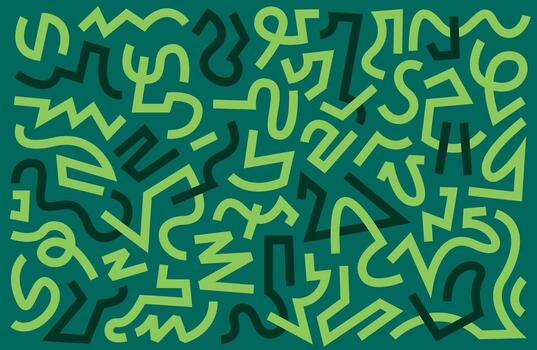 Abstract green line pattern in a retro 80s doodle style. Hand drawn seamless background with chaotic shapes and scribbles for vibrant wallpaper or fabric designs. vector