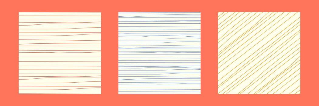 Tres cuadrado antecedentes monitor de color claro superficies con distinto a rayas patrones. cada diseño caracteristicas único color combinaciones, ideal para varios creativo aplicaciones vector