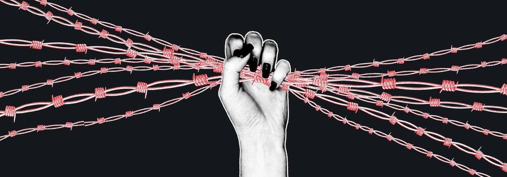A bold graphic collage showcases a tightly clenched fist intertwined with bright red barbed wire, set against a dark background, representing strength and defiance in the face of challenges. vector