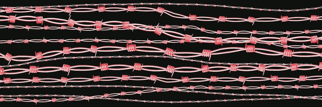 múltiple hebras de mordaz cable con brillante rojo púas son arreglado en un caótico y desigual modelo en contra un negro fondo, transporte un sentido de tensión y malestar. vector